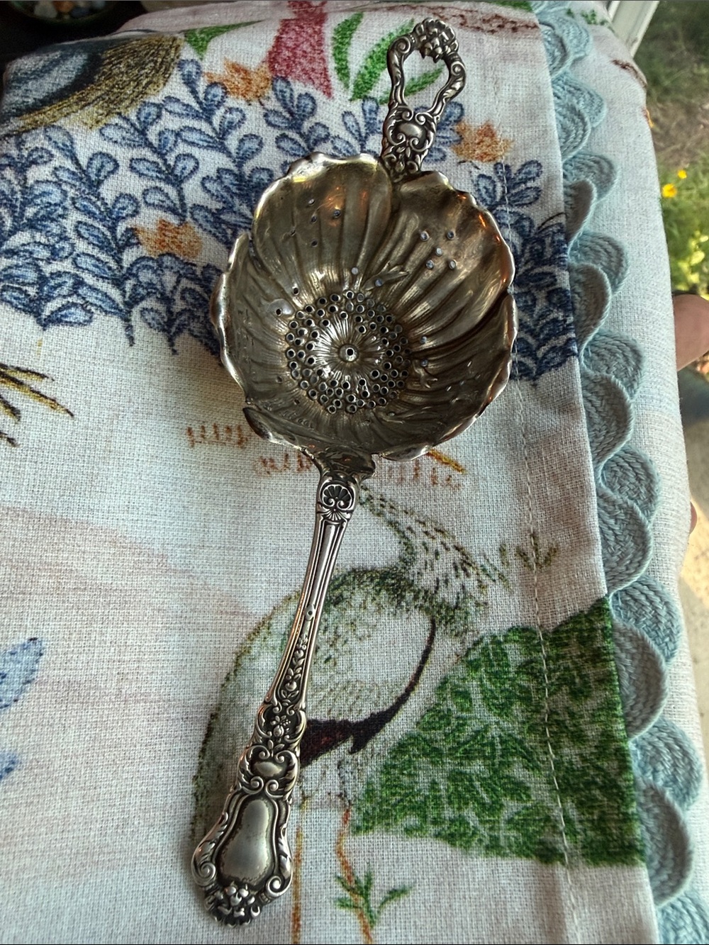 Antique 1898 Gorham "Baronial" Sterling Silver Figural Flower Tea Strainer